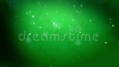 装饰的3d雪花在空气中缓慢地漂浮，并在绿色背景上发光。 作<strong>为</strong>圣诞动画使用，新