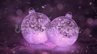 两个圣诞粉冰玻璃包饰雪花背景循环