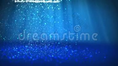 蓝色圣诞树从发光发亮的粒子在左边广角拍摄。 圣诞节背景下的冬季主题