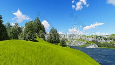 绿山与森林和草坪三维渲染