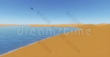 鹰盘旋在沙漠和蓝色湖泊，沙漠绿洲和海洋。