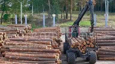 锯木厂工作流程，原木卸货，原木卡车