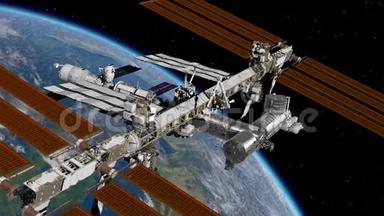 国际空间站国际空间站围绕<strong>地球</strong>大气层旋转。 太空站轨道<strong>地球</strong>。 3D动画。
