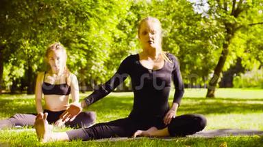 瑜伽。 两个在公园里做瑜伽运动的漂亮女人