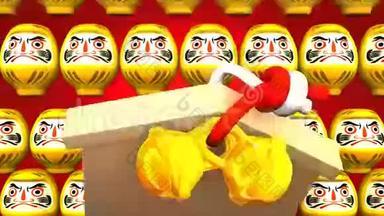 红色背景下的黄色达鲁玛玩偶与电影画面