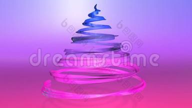 一条闪亮的节日丝带形成了一个<strong>旋转</strong>的圣诞树符号。 3D渲染圣诞明亮多汁的构图