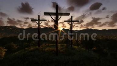 十字架上的耶稣，有橄榄的草地，每天晚上放大，股票录像