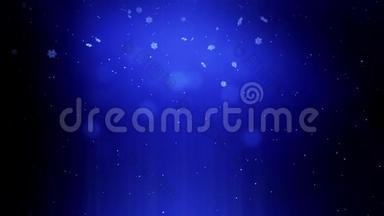 美丽的三维<strong>雪花漂浮</strong>在空气中，在蓝色的背景下在夜间发光。 作为圣诞动画使用，新年