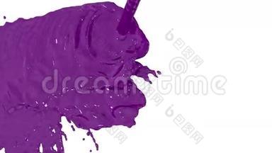紫罗兰色的油漆流落在白色的背景屏幕上，滴落在白色上. 3D渲染与阿尔法面具
