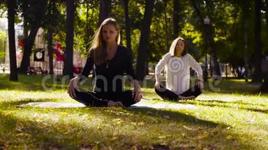 瑜伽。 两个在公园里做瑜伽运动的漂亮女人