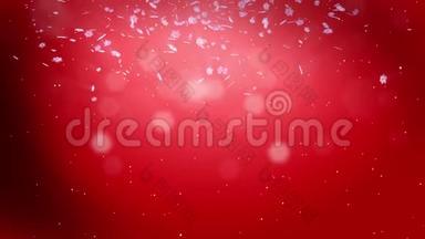 装饰的3d雪花在空气中缓慢地漂浮，并在红色背景上发光。 作为圣诞动画使用，新