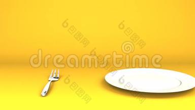 黄色文字空间上的餐具和餐具