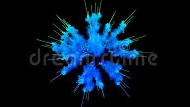 蓝色粉末在黑色背景上爆炸。 粒子三维动画作为彩色背景或覆盖效果