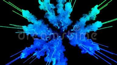 蓝色<strong>粉末</strong>在黑色背景上<strong>爆炸</strong>。 粒子三维动画作为彩色背景或覆盖效果