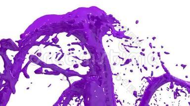 美丽的喷泉紫罗兰液体飞溅，喷泉3D白色背景与阿尔法哑光。 许多油漆流正在上升