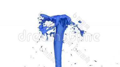 美丽的喷泉喷射液体像蓝色的油漆，喷泉随着水流高高上升。 3D渲染非常高