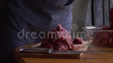 围着<strong>围裙</strong>的女厨师正在厨房里准备一个装满肉的甜椒。<strong>女孩</strong>在辣椒里放上碎肉