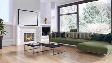 现代明亮的内部公寓客厅<strong>配有</strong>沙发3D渲染插图