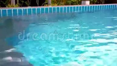 清澈的蓝色游泳池靠近热带地区