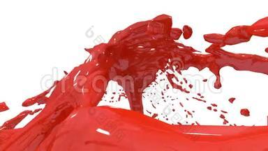 美丽的喷泉红色液体飞溅，喷泉3D白色背景与阿尔法哑光。 红色油漆流上升得很高