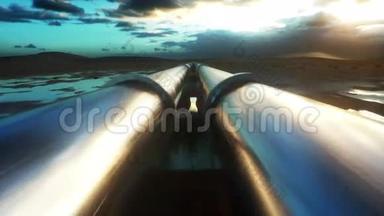 管道输送石油，天然气或金属管道中的水.. 石油概念。 真实的电影4K动画。