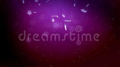 在紫色背景下，闪亮的3d雪花在夜间缓慢地漂浮在空气中。 作<strong>为</strong>圣诞动画使用，新年