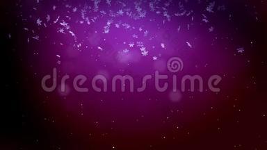 闪亮的三维雪花在空气中缓慢地漂浮，并在紫色的背景上发光。 作为圣诞动画使用，新