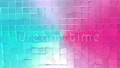 抽象简单的蓝色粉红色低聚三维表面和飞行白色晶体作为艺术背景。 软几何低聚