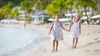 <strong>暑假</strong>期间，小女孩在热带海滩玩，一起玩