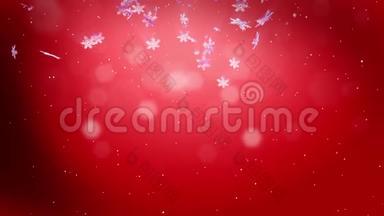 闪亮的3D雪花在空气中缓慢地漂浮，在红色背景下在夜间发光。 作<strong>为</strong>圣诞动画使用，新