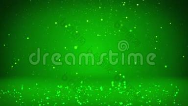 闪亮的绿色粒子或闪光会落在表面。 背景或地点，你的对象，广告或