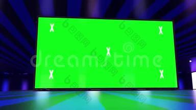 抽象创意隧道和绿色屏幕阿尔法通道广告牌模拟。 霓虹灯，蓝紫色LED