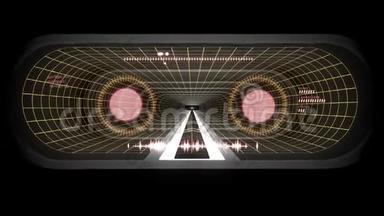 通过虚拟现实白色霓虹灯红灯网络隧道HUD界面运动图形动画