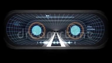 通过VR白色霓虹灯蓝格灯网络隧道HUD界面运动图形动画