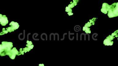发光的绿色墨水在黑色背景上注入水。 <strong>三维</strong>动画与卢马哑光作为阿尔法<strong>通道</strong>在缓慢运动。 使用