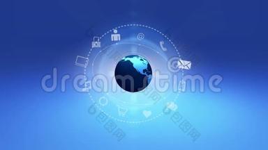 互联网概念，在线服务图标，社交媒体围绕地球旋转。