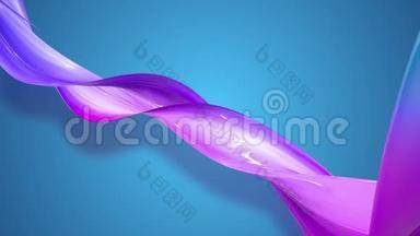 一条<strong>渐变</strong>的红色蓝紫色的扭曲丝<strong>带</strong>在蓝色背景上移动。 抽象的色彩