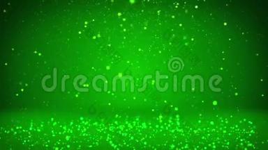 闪亮的绿色粒子或闪光会落在表面。 背景或地点，你的对象，广告或