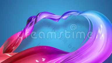 一条渐变的红色蓝紫色的扭曲丝带在蓝色背景上移动。 抽象的色彩