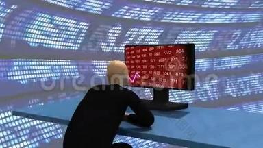 电脑动画代表一个观察股票市场的3dman