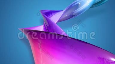 一条渐变的红色蓝紫色的扭曲丝带在蓝色背景上移动。 抽象的色彩