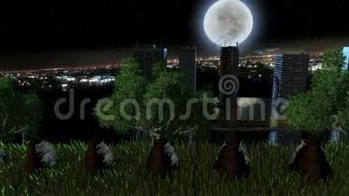 夜晚的<strong>树木</strong>和<strong>绿草</strong>，有着明亮的月亮