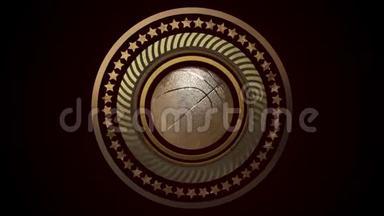 三维运动徽章，金色篮球球与动画金属戒指和星星。