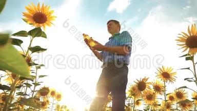 农夫老人手里拿着一个塑料瓶，向日葵油立在田野里。 慢动作视频。 葵花籽油