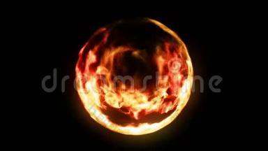 黑色背景上有火焰的等离子火球。 很美的光。 球体形式的发光线。 CG循环动画。