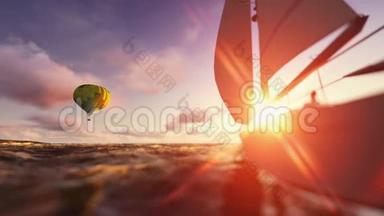 日落夏日，气球和游艇