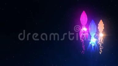 在水下用彩色光照射<strong>鱿鱼</strong>。 荧光色<strong>鱿鱼</strong>漂浮在水中。 CG循环动画。