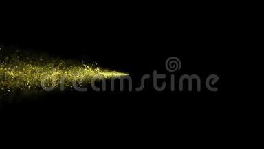 黑色背景上闪闪发光的金色星尘痕迹。 太空彗星尾巴。 金色飞行粒子。