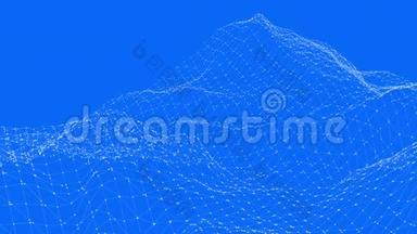 抽象简单的蓝色挥动三维网格或网格作为空间背景。 蓝色几何振动环境或脉动数学