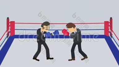在拳击场上互相打架。 穿着拳击手套的商人战斗。 商业竞争概念。 平面循环动画。